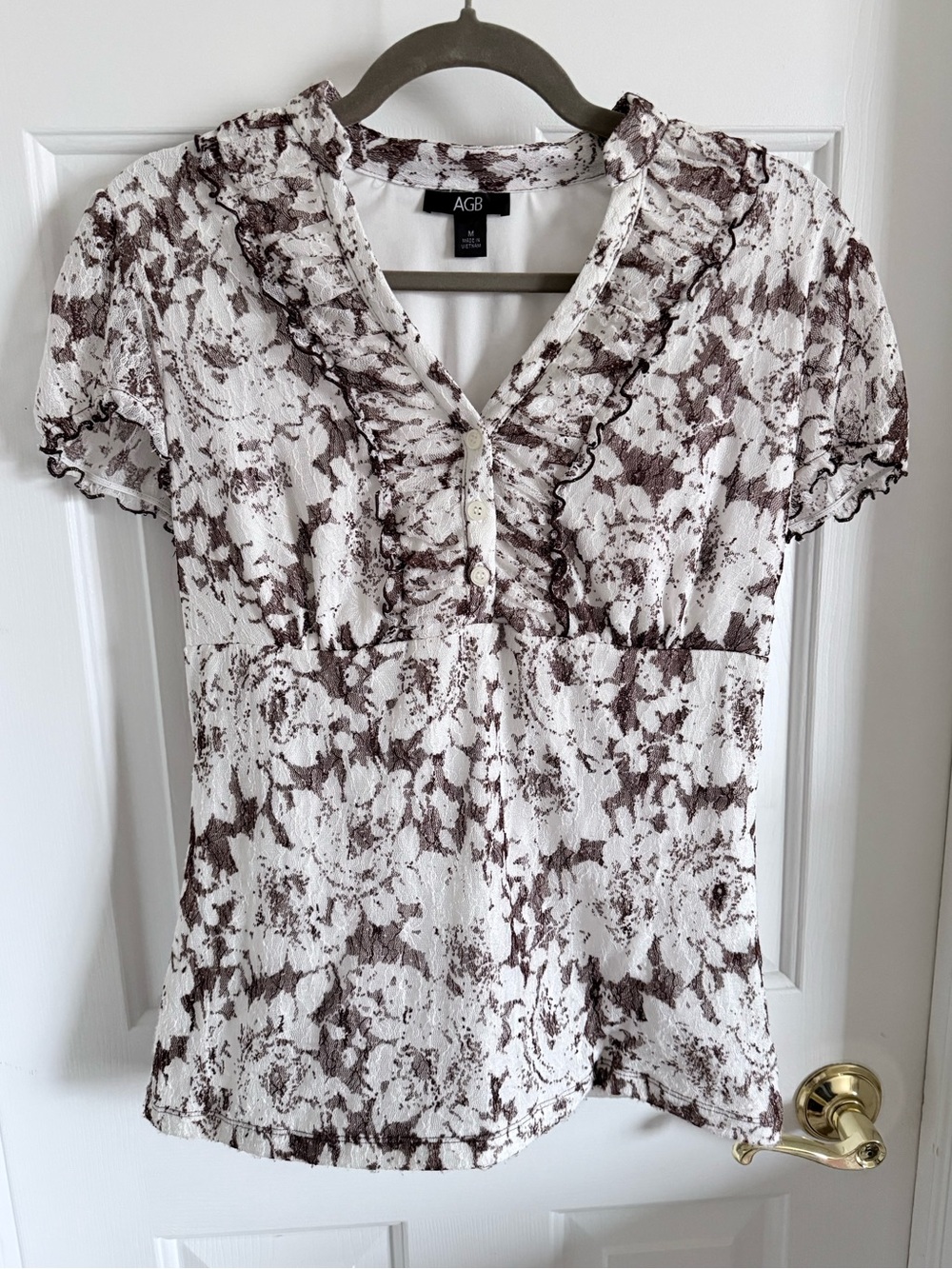🤍🩰 True Y2K Vintage AGB White & Brown Floral Ruffled V-Neck Women Top Mesh Lace